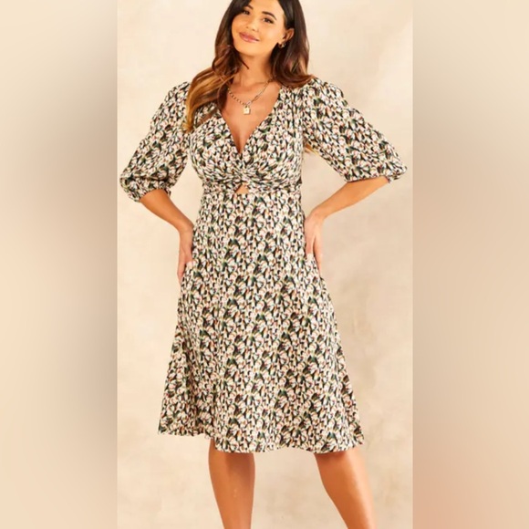 🌸 Blue Vanilla Knot Front Keyhole Midi boho dress| V-Neck | US 10 / M | - Picture 1 of 7